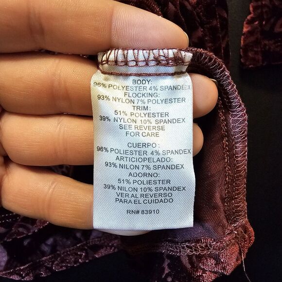 RXB Burgundy Red Gold Floral Velvet Burnout Velour Top Tiered Bell Sleeves Small - Picture 4 of 10